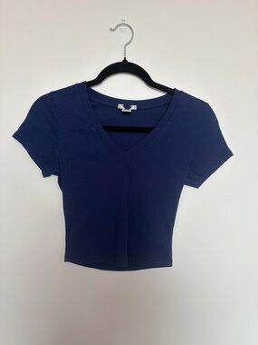 Bozzolo Navy Ribbed V-Neck Short Sleeve Top